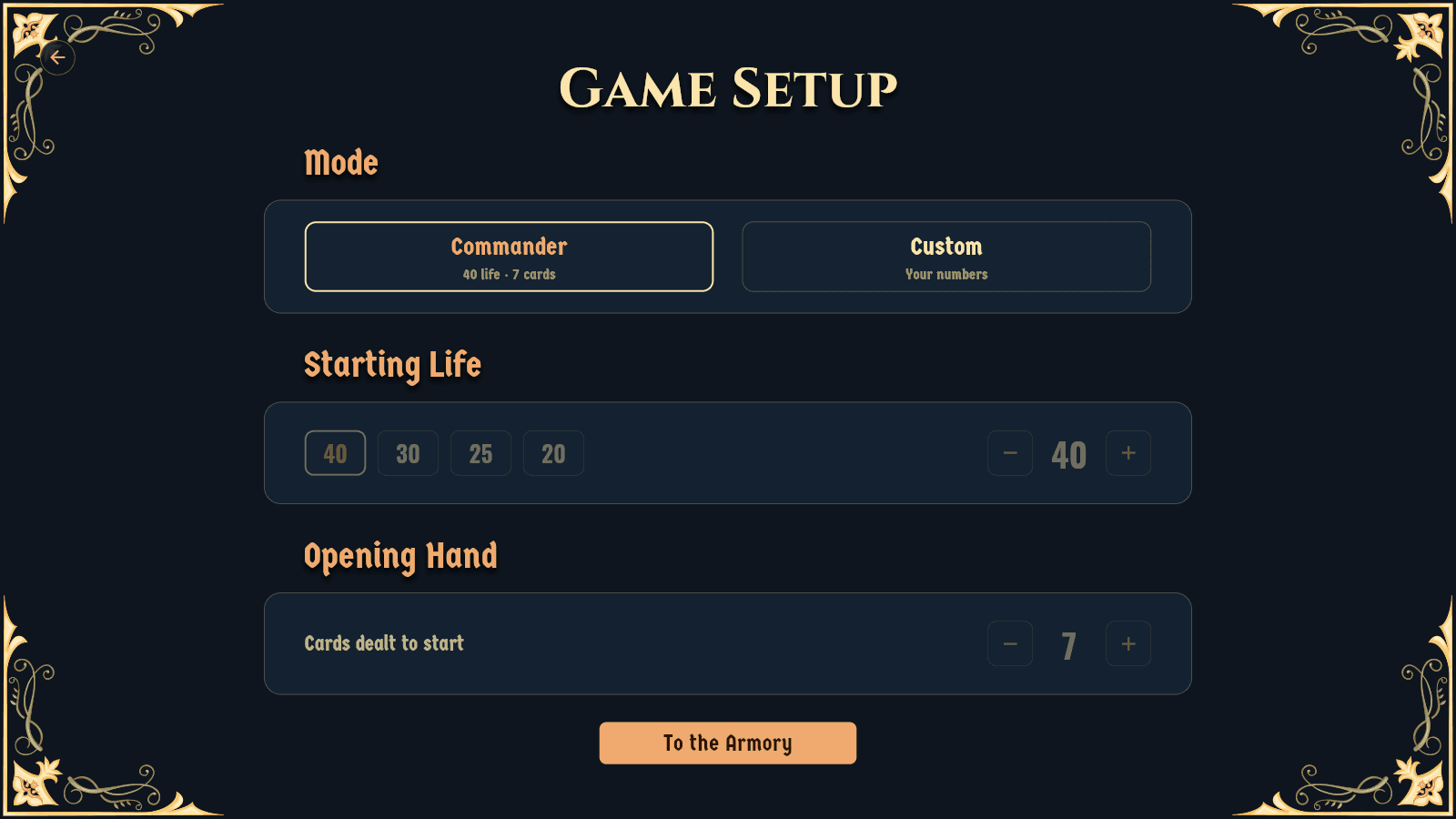 Board Wipe game setup screen: Commander mode at 40 life and 7 cards, with starting-life presets and an opening-hand stepper