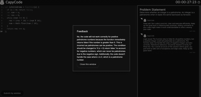 CapyCode: a timed coding challenge with a problem statement, an in-browser editor and automated review of the submitted solution