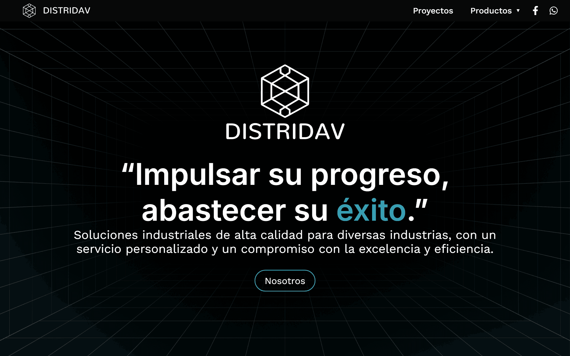 Distridav homepage — dark hero with the Distridav mark and the tagline 'Impulsar su progreso, abastecer su éxito'