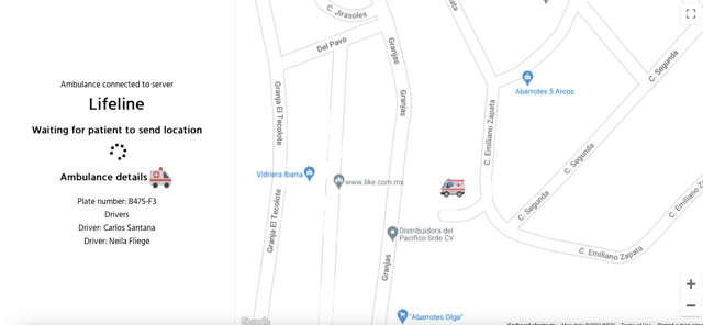 Lifeline dispatch view: a connected ambulance waiting for a patient location, with vehicle and crew details beside a live map