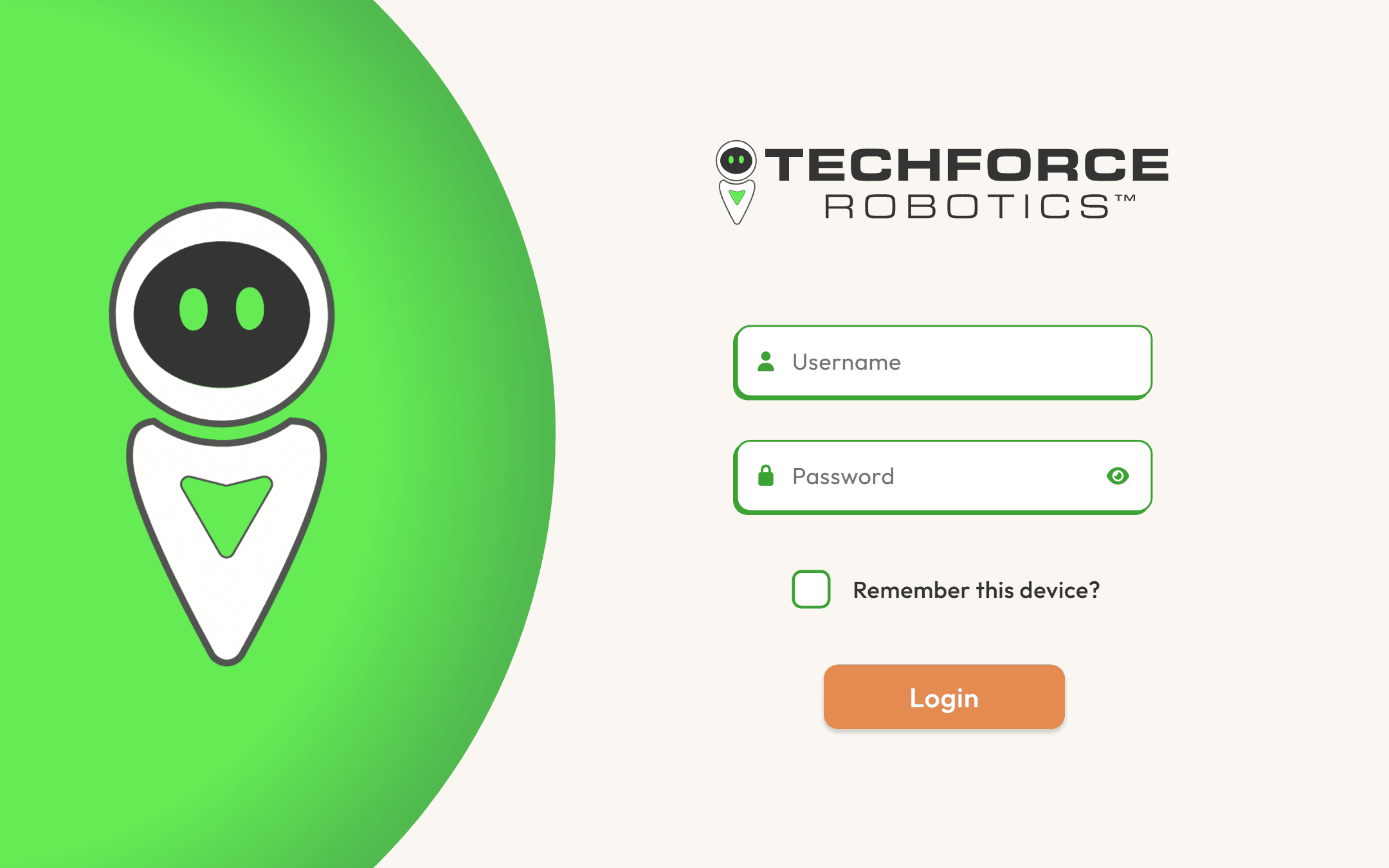 Techforce Robotics platform sign-in screen, with the robot mascot illustration alongside the login form